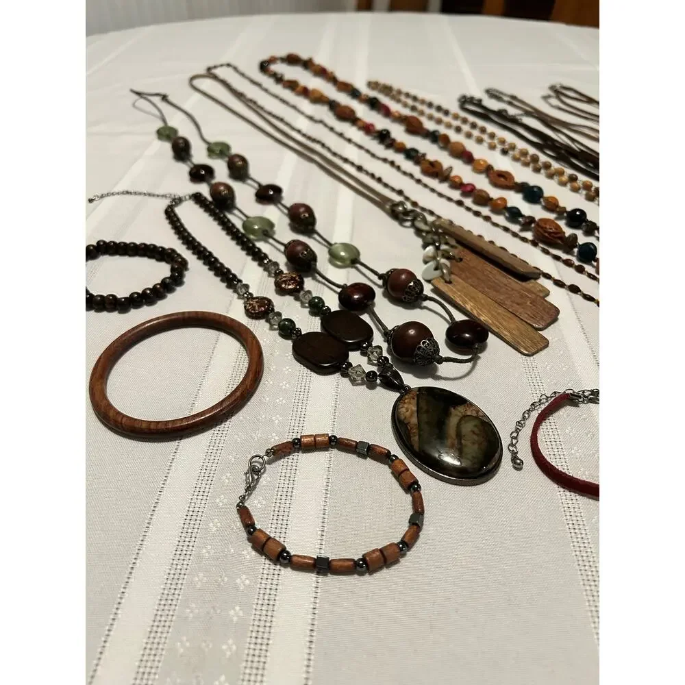 Vintage Nature Mixed Lot 16Pc Wood Leather Seed Bead Necklace Bracelet Lot